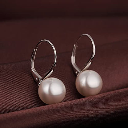 Pearl Earrings for Women Pearl Leverback Earrings 925 Sterling Silver - color: B1-white pearl-silver