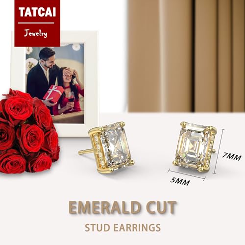 18K White Gold Plated Sterling Silver Emerald Cut Cubic Zirconia Stud Earrings Clear CZ Diamond Stud Earrings for Women Men Hypoallergenic - color: Gold, size: 5MM*7MM