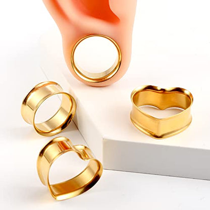 Casvort 4 PCS 8mm-25mm Hypoallergenic 316 Stainless Steel Cute Heart Double Flared Ear Gauges Plugs Ear Tunnels Saddle Plugs Body Piercing Jewelry - color: Gold, size: 1'' (25mm)
