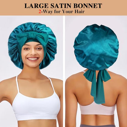 2+3 Large Satin Bonnets with Scrunchies for Women, Hair Bonnet Sleeping Tie Bonnet for Braids Curly Hair - color: B - Black, Teal