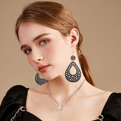 NONQL Handmade Lightweight Bohemian Retro Hollow Wooden Round Earrings Boho Big Teardrop Oval Circle Dangle Earrings for Women Statement Geometric Jewelry