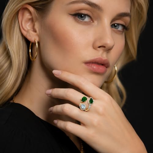 Aura & Irena 18K Gold Plated Pear-Shaped Cocktail Rings for Women, Non-Tarnish Adjustable Statement Ring with 3A Cubic Zirconia, Gift for Family Friend - color: Green