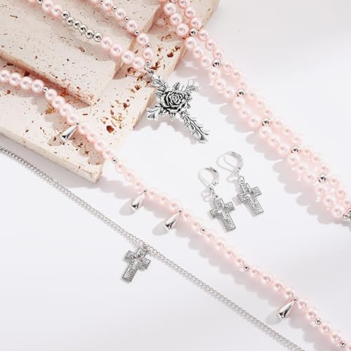 Bocar Gothic Cross Layered Pearl Necklace Chunky Statement Stacked Necklace Y2K Silver Layered Necklace for Women (NK-10769) - color: Pink