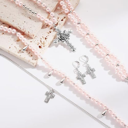 Bocar Gothic Cross Layered Pearl Necklace Chunky Statement Stacked Necklace Y2K Silver Layered Necklace for Women (NK-10769) - color: Pink