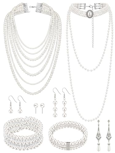 BBTO 8 Pcs Pearl Necklace and Earring Set for Women Faux Pearl Bracelet Costume Jewelry Set for Wedding Bridal Shower Party - style: Charming Style