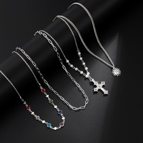 MODRSA Gold Stacked Layered Necklaces for Women Pearl Pendant Charm Cross Lariat Slip Shell Starfish Y Chain Necklace Adjustable Silver Boho Jewelry Gifts for Women Summer Vacation Beach Accessories - color: A2- Layered cross pearl - Silver