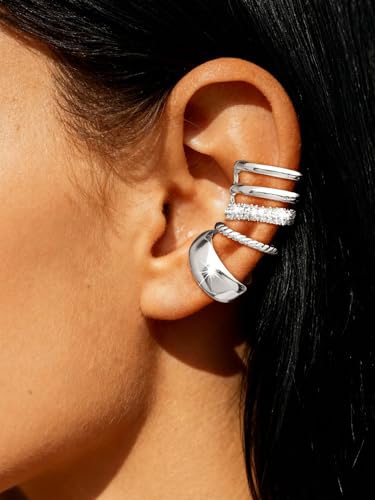 Ear Cuffs Non Piercing Hypoallergenic Gold Plated Ear Cuff Earrings for Women Trendy Clip On Cartilage Earring Set Dainty Adjustable Fake Piercings Earrings Fashion Accessories - color: F:3pcs silver ear cuff