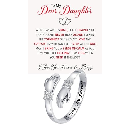 Granddaughter Daughter Hug Ring For Hope Rings, Stainless Steel Inspirational Jewelry Engraved Always With You Love You Forever Message Adjustable Non Tarnish Jewelry Birthday Gift Card - color: I love you forever Diamond(Daughter)