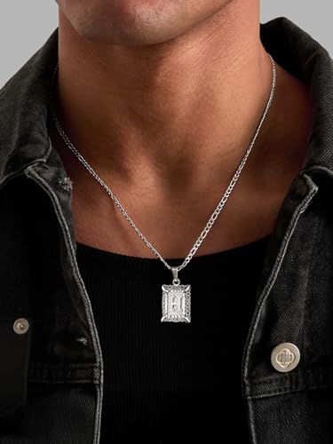 U7 Initial Letter Necklace for Men Women, 14K Gold/Silver Plated Square Capital Monogram Pendant Necklace from A-Z with 22+2 Inch Figaro Chain, Personalized Jewelry for Him - color: Silver, style: H