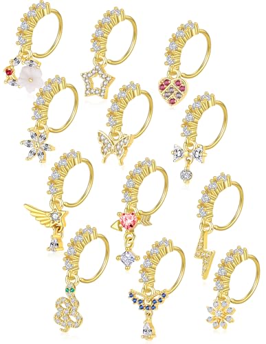 Akeoqi 12Pcs Nose Ring Hoop Cartilage Earring Cute Leaf Star CZ Butterfly Paved Nose Piercing Jewelry for Women men Silver Gold Plated 20G - color: E：New Gold Drop