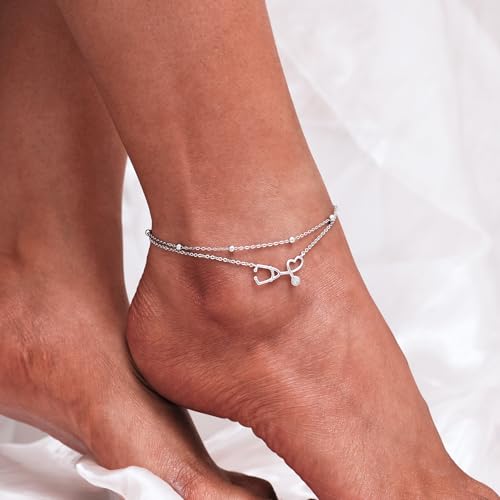 CHIC & ARTSY 925 Sterling Silver Ankle Bracelets for Women, Adjustable Layered Foot Chains with Nature & Symbol Charms, Lightweight Comfort Fit Boho Beach Everyday Jewelry - color: Stethoscope/silver