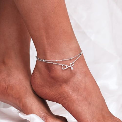 CHIC & ARTSY 925 Sterling Silver Ankle Bracelets for Women, Adjustable Layered Foot Chains with Nature & Symbol Charms, Lightweight Comfort Fit Boho Beach Everyday Jewelry - color: Stethoscope/silver