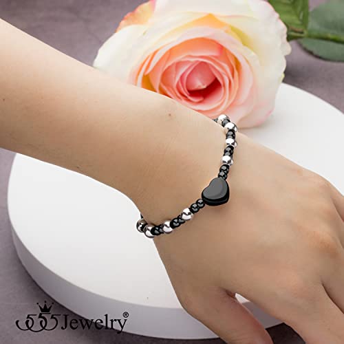 555Jewelry Stainless Steel Beads & Puffed Heart Charm Bracelet for Women & Ladies - color: Silver/Black