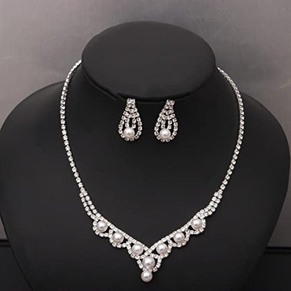 Silver Plated Elegant Necklace Earrings Bride Bridesmaid Jewelry Sets for Wedding Prom Crystal Jewelry Set for Women Costume Accessories - color: 03-Silver Plated