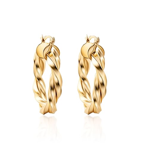 Barzel 18K Gold Plated Twisted Hoop Earrings Intertwined Earrings, 5 mm Thick x 40 mm Length, Gold Plated Hoop Earrings High Polish Finish, Made in Brazil