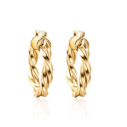 Barzel 18K Gold Plated Twisted Hoop Earrings Intertwined Earrings, 5 mm Thick x 40 mm Length, Gold Plated Hoop Earrings High Polish Finish, Made in Brazil