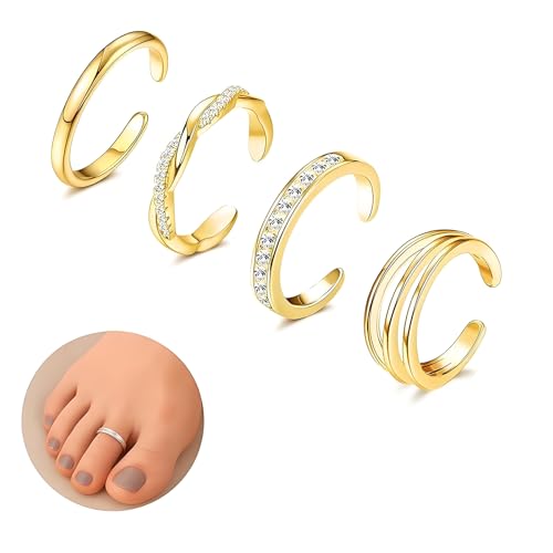 925 Sterling Silver Toe Rings Set for Women – Minimalist 14K Gold Plated Open Adjustable Bands, Simple Beach Foot Jewelry for Summer - color: Gold