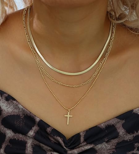 YEEZII Layered Gold Necklaces for Women Trendy, 3 Pcs 14K Gold Plated Choker Paperclip Box Chain Necklace, Stackable Women's Gold Pendant Necklaces Jewelry Set - color: Gold-3 pcs-Cross