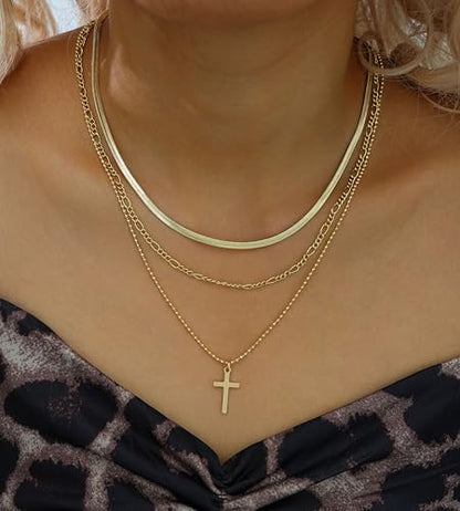 YEEZII Layered Gold Necklaces for Women Trendy, 3 Pcs 14K Gold Plated Choker Paperclip Box Chain Necklace, Stackable Women's Gold Pendant Necklaces Jewelry Set - color: Gold-3 pcs-Cross