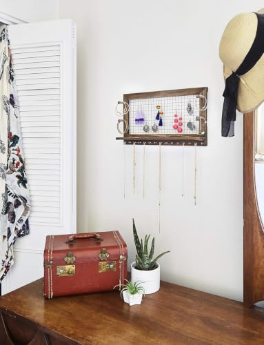 Rustic Jewelry Organizer Wall Mount with Bracelet Pegs-Necklace Holder Earring Hanger-Hanging Mounted Wooden Shelf to Display Earrings Necklaces and Accessories - style: Rustic - Antique Brown