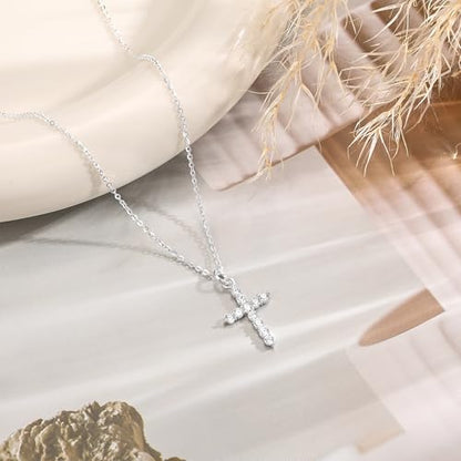 Carffordo 925 Sterling Silver Cross Necklace, Dainty Necklace for Women | Simple Small Cross Pendant Necklace, Sterling Silver/16K Gold Plated Non-Tarnish Faith Jewelry, Christian Religious Gifts - style: Silver Cubic Zirconia Cross