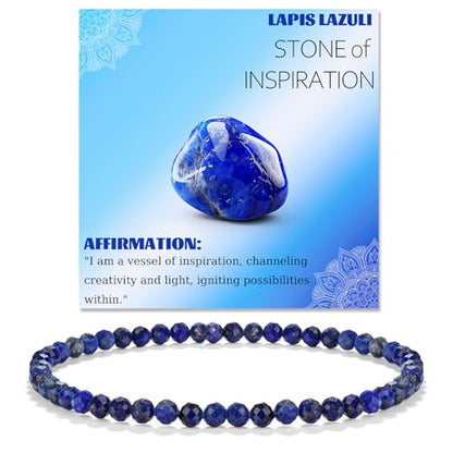 Natural Faceted Crystal Bracelet for Women,4mm Gemstone Round Beads Bracelets Adjustable Stretchy Healing Crystal Beads Bracelets Dainty Jewelry Gift - color: Lapis Lazuli