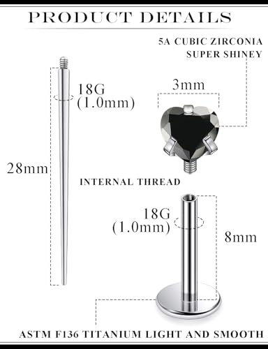 20G 18G 16G Astm F136 Titanium Internal Thread Flat Back Earrings Nose Studs Tragus Helix Conch Cartilage Lobe Earrings Medusa Labret Snake Bite Monroe Lip Ring Piercing Jewelry For Women Men - color: Black, size: 18G-8MM Bar-CZ 3MM