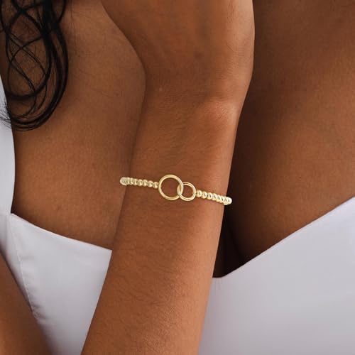 Beaded Bracelets for Women 14K Silver Gold Plated Stretch Handmade Ball Bracelets Cute Charm Bracelet Dainty Stackable Cross Heart Bow Wave CZ Circle Trendy Jewelry Easter Gifts - color: double-circle
