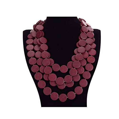 Colorful Beaded Necklace for Women,Chunky Wooden Bib Choker Necklace,Statement African Jewelry Multicolor Maroon Blue Fashion Collar Necklace - color: burgundy
