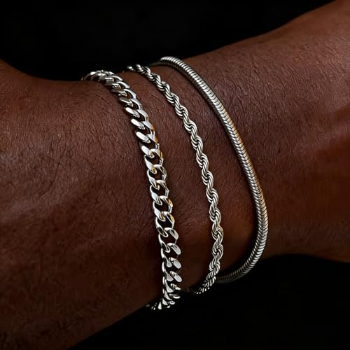 Mens Bracelet - Dainty Gold/Silver Chain Bracelet Stack 14K Gold Plated Silver Bracelets for Men Stainless Steel Adjustable Cross Charm Cuban Link Bracelet Snake Jewelry Set to Men Dad Birthday Day - color: S2, size: 8+2 inch