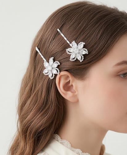 Sparkling Floral Crystal Bobby Pins for Women - Elegant Rhinestone Hair Clips with Rhodium Plated Alloy, Minimalist Flower Hair Accessories for Wedding, Party, and Daily Wear (Set of 2)