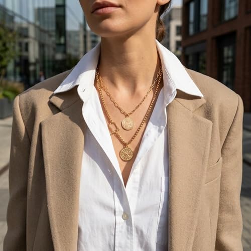 QCWN Gold Layered stacked Necklaces for women 3PS Chunky Statement Necklaces Stack Mixed Metal Charm Necklace for Women Trendy Coin Jewelry Gift for Her Gifts - style: Layered stack 7
