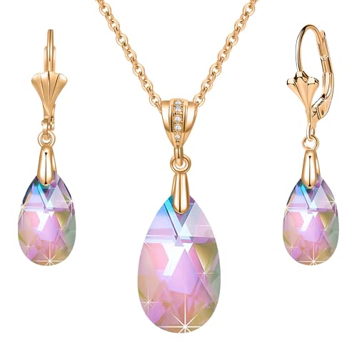 Austrian Crystals Teardrop Pendant Necklace Earrings for Women 14K Gold Plated Hypoallergenic Leverback Drop Dangle Earrings Jewelry Set - color: Rainbow