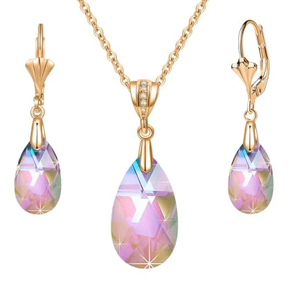 Austrian Crystals Teardrop Pendant Necklace Earrings for Women 14K Gold Plated Hypoallergenic Leverback Drop Dangle Earrings Jewelry Set - color: Rainbow