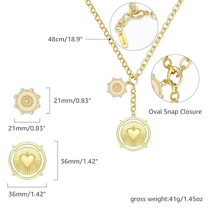 Chunky Gold Necklace for Women, 18K Waterproof Heart Necklace Statement Necklace Gold Charm Necklace Chunky Jewelry Paperclip Chain Choker Gift for Women - style: Heart Sun Coin