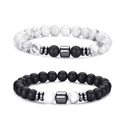 Mens Beaded Bracelets Set 8MM Tiger Eye Lava Stone Stretch Natural Stone Men's Bead Bracelet Mens Bracelet - color: 2, Black, White Bracelet