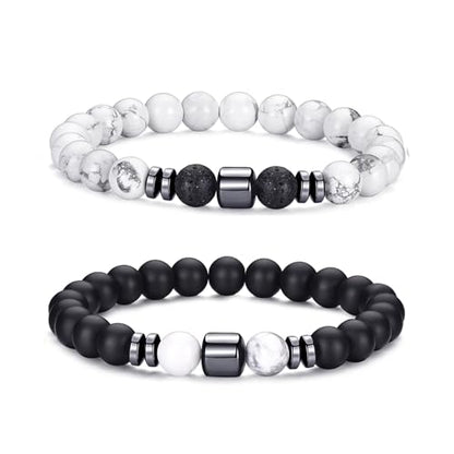 Mens Beaded Bracelets Set 8MM Tiger Eye Lava Stone Stretch Natural Stone Men's Bead Bracelet Mens Bracelet - color: 2, Black, White Bracelet