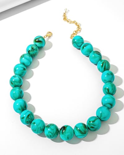 Chunky Beaded Choker Necklace for Women Boho Statement Necklace with Large Pearl Blue Brown Tone Resin Beads Summer Beach Jewelry Gifts - color: Turquoise