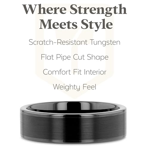 Thorsten Vulcan Black Tungsten Carbide Men’s Wedding Ring – Flat Matte Brushed Finish with Polished Edges – Comfort Fit Wedding Band – Durable and Stylish Ring for Him | Flat Black, Matte Brushed Finish, Polished Edges, Comfort Fit, Custom Engraved