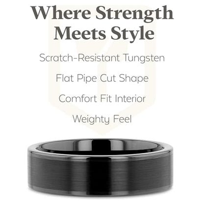 Thorsten Vulcan Black Tungsten Carbide Men’s Wedding Ring – Flat Matte Brushed Finish with Polished Edges – Comfort Fit Wedding Band – Durable and Stylish Ring for Him | Flat Black, Matte Brushed Finish, Polished Edges, Comfort Fit, Custom Engraved