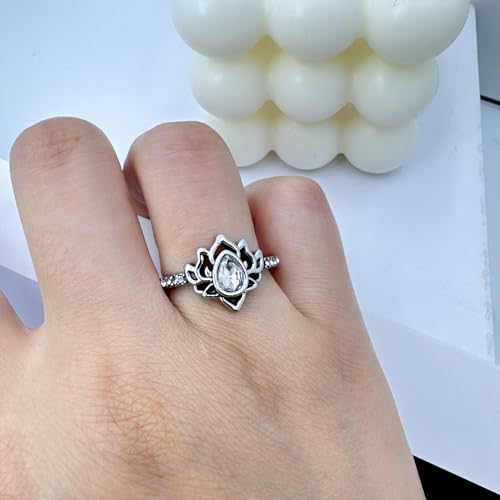 Lotus Ring for Women - Zircon Inlaid Flower Promise Ring - My Trauma Inspirational Statement Floral Jewelry Gift - color: white