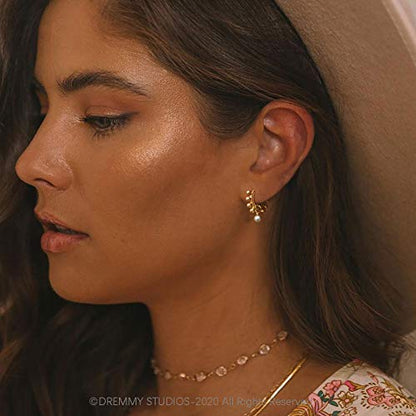 DREMMY STUDIOS Gold Dainty Huggie Hoop Earrings 18K Gold Plated Exquisite Open Tassel Dangle Charm Drop Sleeper Geometric Cross Coin Star Heart White CZ Simple Hypoallergenic Earrings for Women - color: Dangle Ball-Pearl
