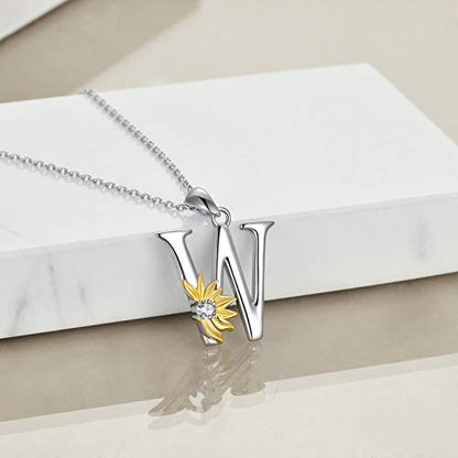 POPLYKE Initial Sunflower Necklace for Women 925 Sterling Sliver Sunflower Pendant Necklace Letter Initial Pendant Chain - style: Sunflower W