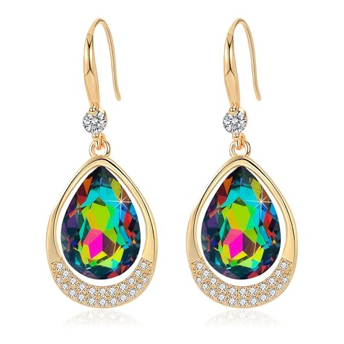 Austrian Crystal Halo Teardrop Hollow Drop Dangle Earrings for Women 14K Rose Gold Plated Hypoallergenic Jewelry Gifts - color: Vitrail Medium