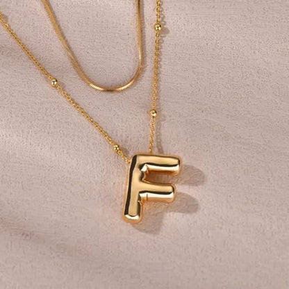 LUCA SMITH 2-Piece Initial Necklaces for Women, Dainty Balloon Bubble A-Z Letter Necklace Set, Name Letter Alphabet Pendant Layered Choker Necklaces Personalized Jewelry Gift - color: Gold bubble letter necklace, style: Initial Set-F
