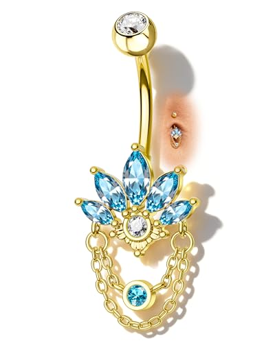 COCHARM 14G Lotus Belly Button Rings Dangle Belly Navel Rings for Women Surgical Steel Navel Piercing jewelry - color: YGBL-10MM