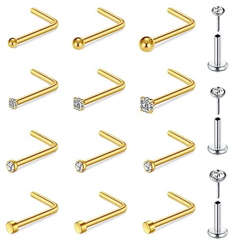 QWALIT 18g 20g Nose Stud 18g Surgical Stainless Steel Silver Gold Horseshoe Nose Ring for Women Hypoallergenic Double Stud Gem 18gauge Corkscrew Nostril Piercing Jewelry for Men Trendy - color: 12-18g-gold L shape