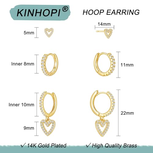 3 Pairs Earring Stacks, Gold Earring Set Jewelry Gift for Women | Small, 14K Gold/White Gold/Black/Rose Gold Plated, Hypoallergenic, Her, Everday, Stackable, Simple, 3 Holes - color: Gold-Diamond Heart