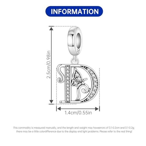 2 Pack 925 Sterling Silver Butterfly Letter Charms for Bracelets and Necklace Alphabet Initial Dangle Pendants Round Spacer Beads Pave Cubic Zirconia Jewelry Gift for Women - color: D Set