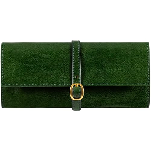 Time Resistance Leather Jewelry Roll - Full Grain Leather Travel Jewelry Case - Jewellery Organizer Made in Italy (Green) - color: Green